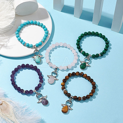 Natural & Synthetic Mixed Gemstone Stretch Bracelets with Angel Charms BJEW-JB11046-1