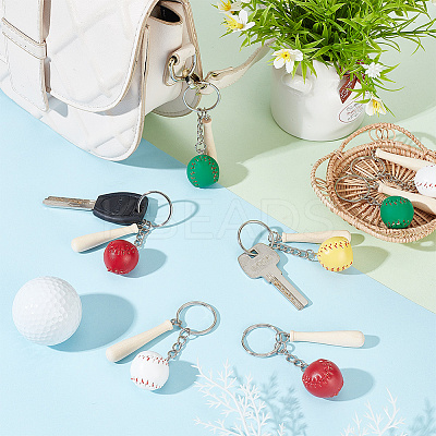 12Pcs 4 Colors Mini Baseball PU Leather Pendant Keychain with Wood Baseball Bat DIY-OC0011-25-1
