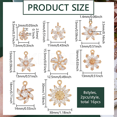 16Pcs 8 Styles Brass Pave Clear Cubic Zirconia Pendants KK-PH0012-76-1