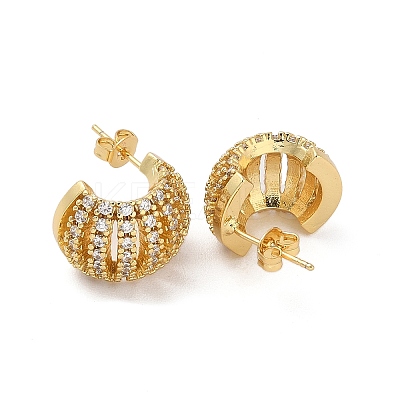 Brass Micro Pave Cubic Zirconia Half Round Stud Earrings EJEW-P252-03G-1