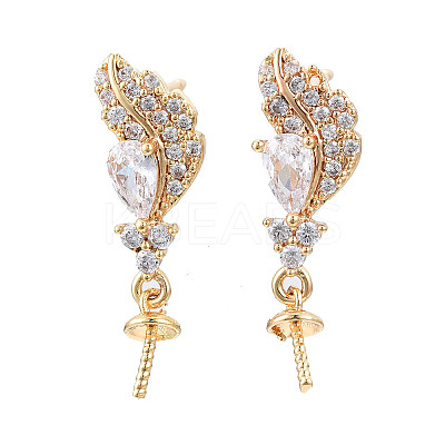 Feather Shape Brass Micro Pave Clear Cubic Zirconia Earring Findings KK-S356-435A-NF-1