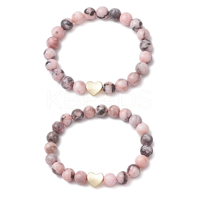 2Pcs Natural Pink Zebra Jasper Beaded Stretch Bracelets BJEW-JB11192-1
