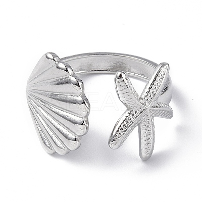 304 Stainless Steel Shell with Starfish Open Cuff Ring for Women RJEW-C046-03P-1