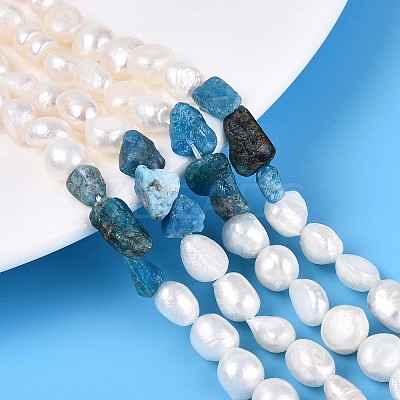 Natural Apatite Nuggets & Natural Cultured Freshwater Pearl Beads Strands PEAR-N023-01A-09-1