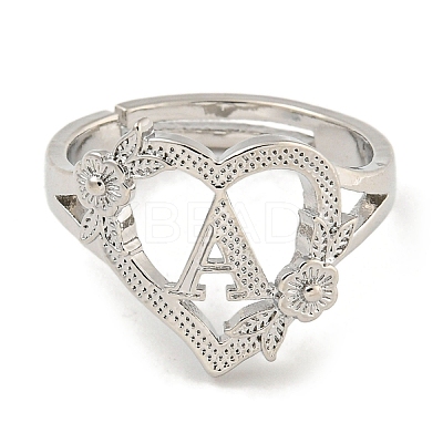 Heart with Letter & Flower Rack Plating Brass Adjustable Rings for Women RJEW-I105-05P-A-1