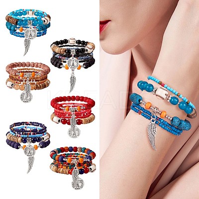 5Pcs 5 Style Wood & Glass Seed & Acrylic Beaded Stretch Bracelets Set with Baseball JB709B-1