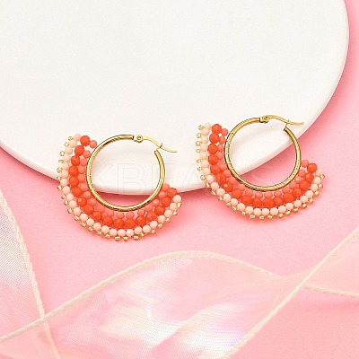 304 Stainless Steel & Bohemian Beaded Fan Hoop Earrings for Women EJEW-R001-01G-04-1