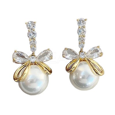 Bowknot with Round Alloy Micro Pave Clear Cubic Zirconia Dangle Stud Earrings FS-WG257E1-01-1