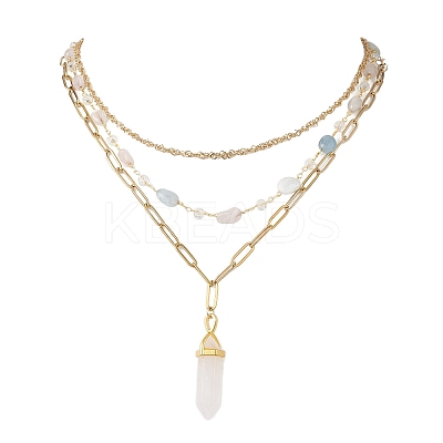 Natural Rose Quartz Double Terminated Pointed Bullet Pendant 304 Stainless Steel & Brass Chain 3 Layer Necklaces for Women NJEW-JN05477-04-1
