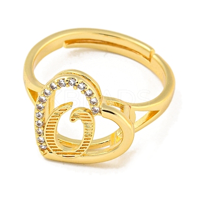 Heart with Letter Rack Plating Brass Micro Pave Cubic Zirconia Adjustable Rings for Women RJEW-I105-06G-O-1