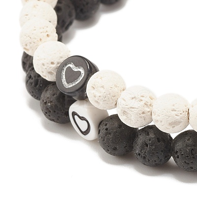 2Pcs 2 Style Natural Lava Rock(Dyed) Round Beaded Stretch Bracelets Set with Heart BJEW-JB07579-1