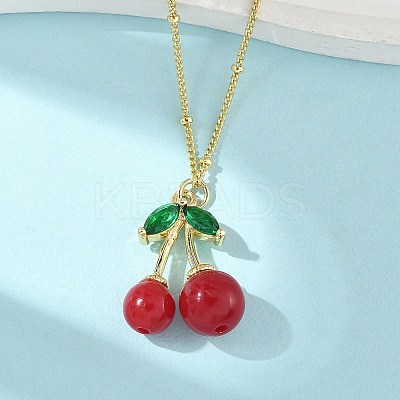 Brass Resin Fruit Cherry Pendant Satellite Chain Necklaces with Green Cubic Zirconia Leaf for Women NJEW-D306-03G-1