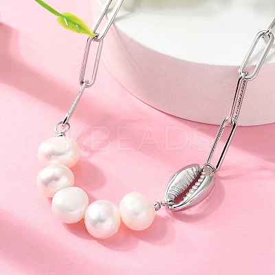304 Stainless Steel Shell & Natural Pearl Beads Paperclip Chain Necklaces for Women NJEW-A045-17P-1