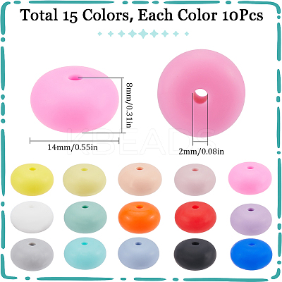 150Pcs 15 Colors Rondelle Silicone Focal Beads SIL-SC0002-26-1