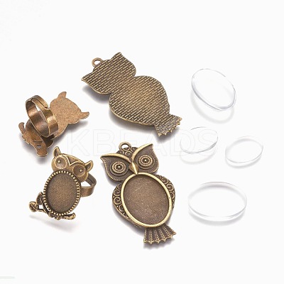 Vintage Adjustable Iron Owl Finger Ring Settings and Alloy Cabochon Bezel Settings FIND-X0010-02AB-1