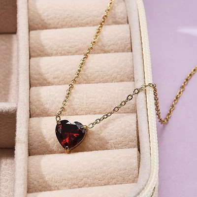 304 Stainless Steel Dark Red Cubic Zirconia Heart Pendant Necklaces for Women NJEW-Z064-04G-1