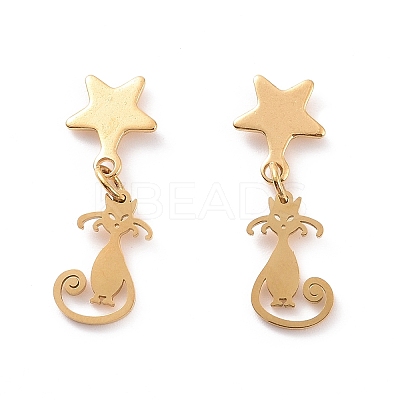 304 Stainless Steel Cat with Star Dangle Stud Earrings for Women EJEW-G328-10-1