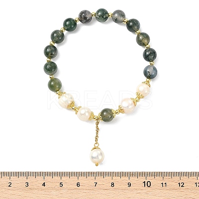 Natural Moss Agate & Natural Pearl Bead Charm Bracelets BJEW-JB14141-01-1