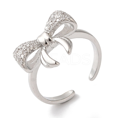 Bowknot Brass Micro Pave Clear Cubic Zirconia Open Cuff Rings for Women RJEW-C098-05P-1
