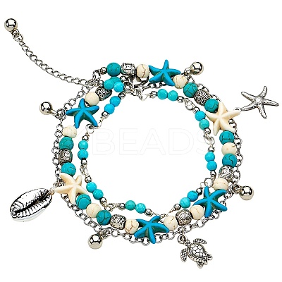 Synthetic Turquoise Beads Multi-strand Anklet AJEW-SW00008-1