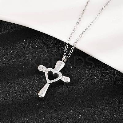 304 Stainless Steel Heart Cross Pendant Pet Urn Ashes Necklaces LS-NJEW-S455-05P-1