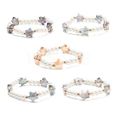 Glass Pearl & Star Beaded Stretch Bracelet for Women BJEW-JB08389-1