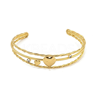304 Stainless Steel Pave Clear Cubic Zirconia 3-Line Heart Open Cuff Bangles for Women LS-BJEW-E100-04G-1
