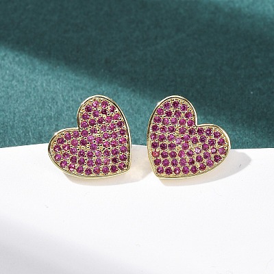 Heart Brass Micro Pave Cubic Zirconia Stud Earrings EJEW-H178-01G-01-1