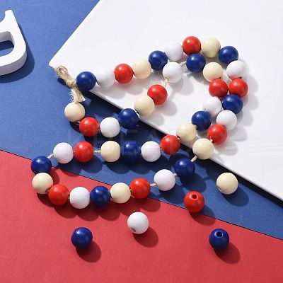 160 Pcs 4 Colors 4 July American Independence Day Painted Natural Wood Round Beads WOOD-LS0001-01C-1