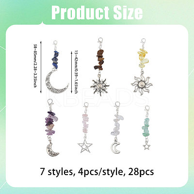 28Pcs 7 Styles Handmade Lampwork & Natural Tiger Eye & Green Aventurine & Quartz Crystal & Rose Quartz & Lapis Lazuli & Amethyst Chip Beaded Pendant Decoration HJEW-CA00056-1