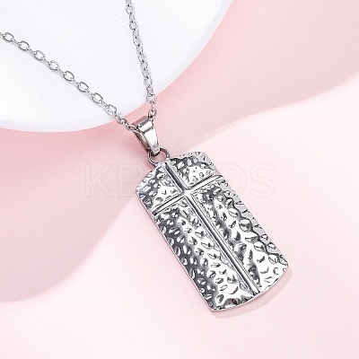 Texture Rectangle with Cross 304 Stainless Steel Pendant Necklaces NJEW-H059-12P-1