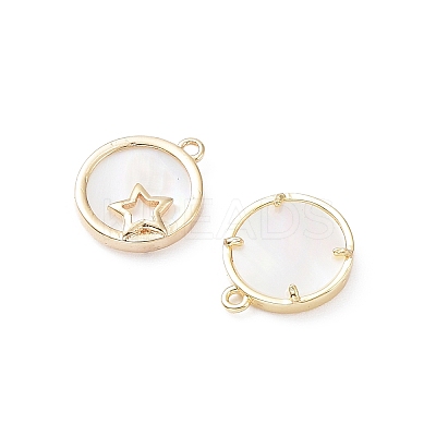 Rack Plating Brass Flat Round Charms with Shell KK-A183-46G-1