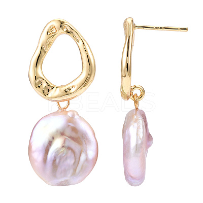 Natural Flat Round Baroque Keshi Pearl Dangle Stud Earrings PEAR-N020-L37-1