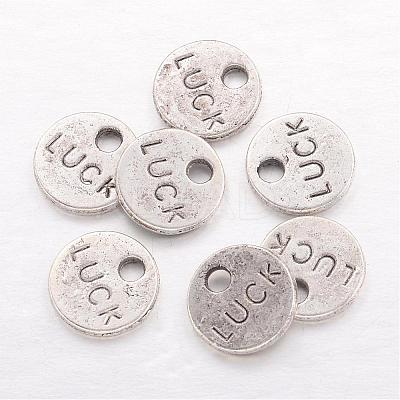Flat Round Carved Word Luck Tibetan Style Alloy Message Charms TIBEP-A123975-AS-LF-1