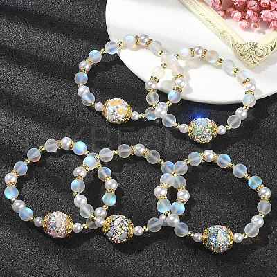 Synthetic Moonstone & Hematite & Plastic Imitation Pearl Beaded Stretch Bracelet BJEW-JB09504-1