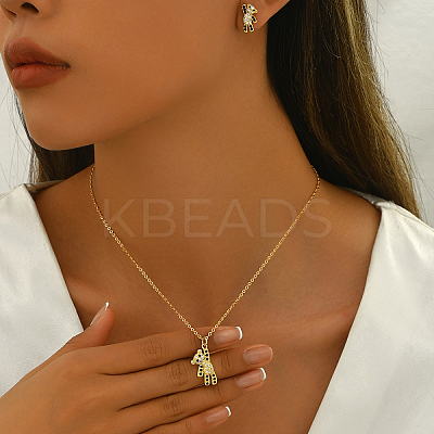 Brass Pave Cubic Zirconia Stud Earrings & Pendant Necklaces Sets for Women Golden LS-GL8685-1-1