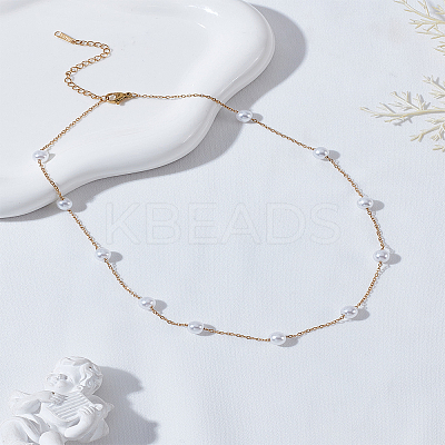 1Pc Stainless Steel & White Round ABS Plastic Imitation Pearl Handmade Link Chain Necklaces NJEW-LP0009-41-1