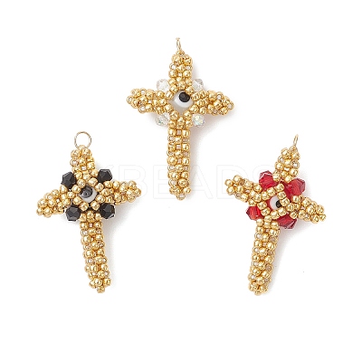 3pcs Glass Seed Beaded Cross Pendants PALLOY-MZ01019-1