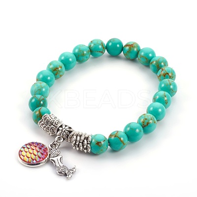 Synthetic Turquoise(Dyed) Beads Stretch Charm Bracelets BJEW-JB04024-M-1