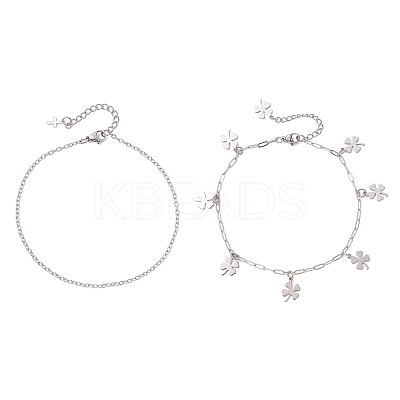 2Pcs 2 Styles 304 Stainless Steel Cable Chain Paperclip Chain Charm Double Layer Anklets for Women AJEW-AN00740-02-1