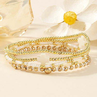 5Pcs 5 Styles Brass & Resin Beads Stretch Bracelets FP8271-4-1