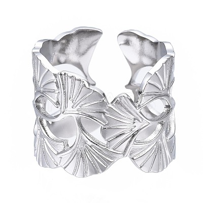 Non-Tarnish 304 Stainless Steel Ginkgo Leaf Wrap Open Cuff Ring LS-RJEW-T023-28P-1