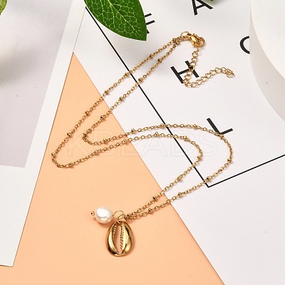 Cowrie Shell & Natural Pearl Pendant Necklace for Teen Girl Women NJEW-JN03717-02-1