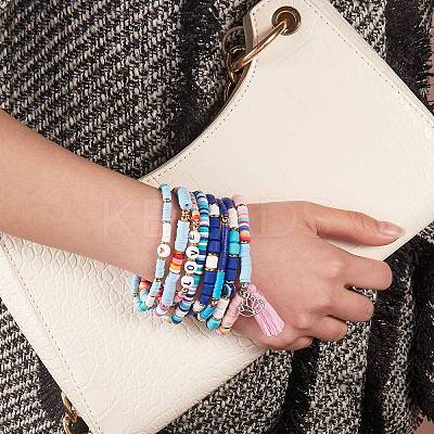 8Pcs 8 Style Polymer Clay Heishi & Natural Pearl & Non-magnetic Synthetic Hematite Beads Stretch Bracelets Set for Girl Women BJEW-SZ0001-81-1