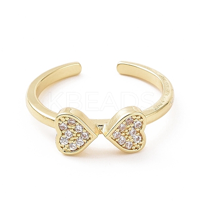 Clear Cubic Zirconia Heart Bowknot Open Cuff Ring RJEW-E072-06G-1