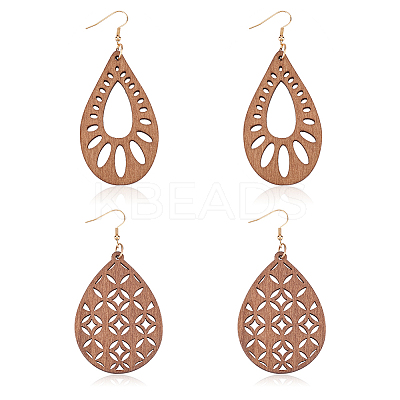 2 Pairs 2 Style Natural Wood Hollow Out Teardrop Dangle Earrings EJEW-AN0001-54-1