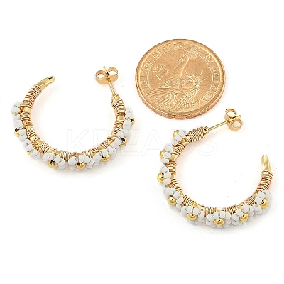 304 Stainless Steel & Bohemian Beaded C-Shaped with Flower Stud Earrings for Women EJEW-R001-03G-02-1