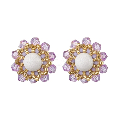 Flower Glass Seed Beaded with Natural Mashan Jade Stud Earrings for Women EJEW-MZ00208-03-1