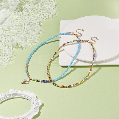 2Pcs 2 Style Glass Seed Pearl Beaded Necklaces Set NJEW-JN03936-1