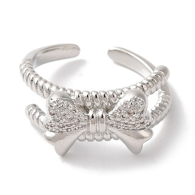 Bowknot Brass Micro Pave Clear Cubic Zirconia Open Cuff Rings for Women RJEW-C098-02P-1